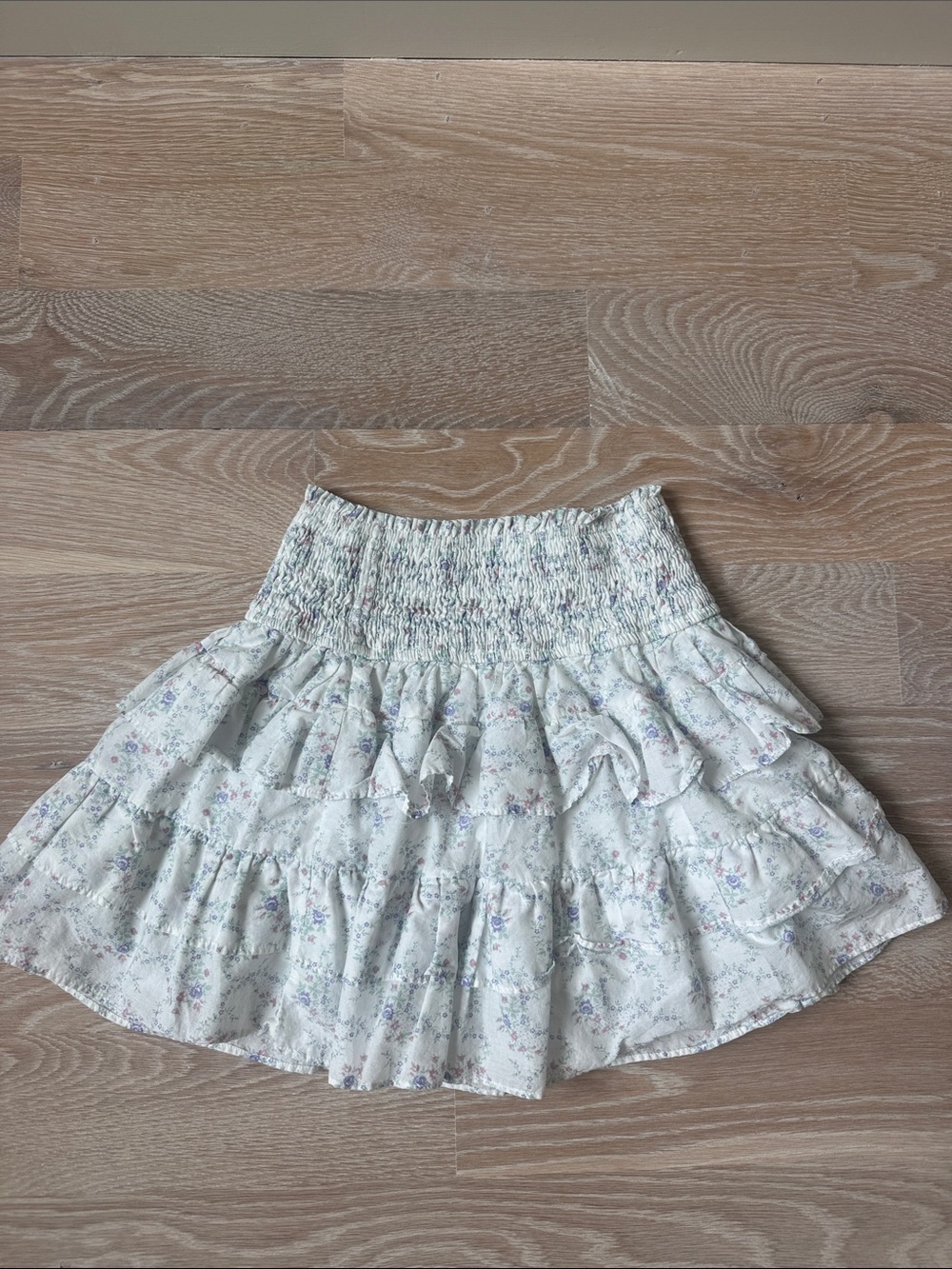 Smocked Waist Floral Ruffle Skirt - White